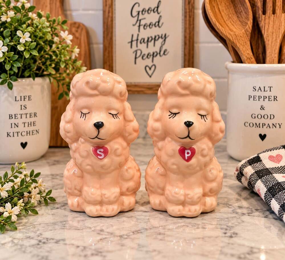 New Fancy Girl Pink Curly Haired Poodles Salt & Pepper Shakers Salt N Pepper